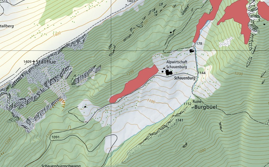 Carte nationale swisstopo avec le périmètre protégé de Schauenburg (Prairie sèche)