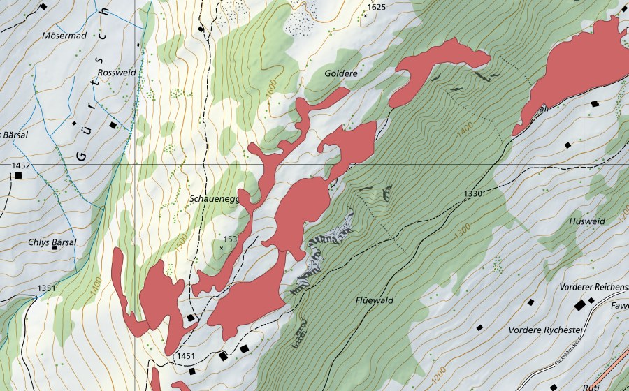 Landeskarte swisstopo mit dem Schutzperimeter von Schauenegg (Trockenwiese)