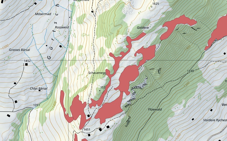 Landeskarte swisstopo mit dem Schutzperimeter von Schauenegg (Trockenwiese)