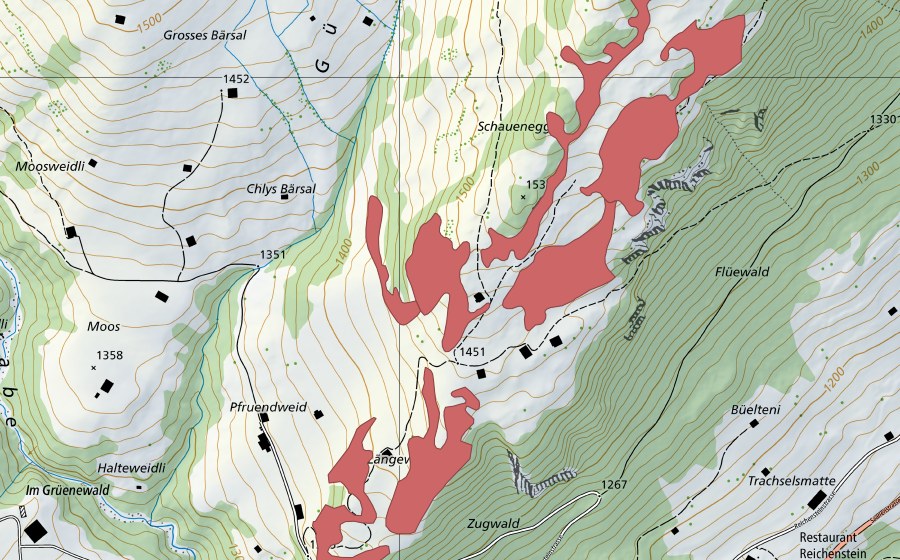 Carte nationale swisstopo avec le périmètre protégé de Schauenegg (Prairie sèche)