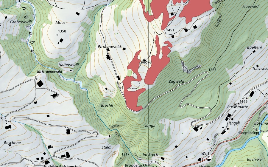 Carte nationale swisstopo avec le périmètre protégé de Schauenegg (Prairie sèche)