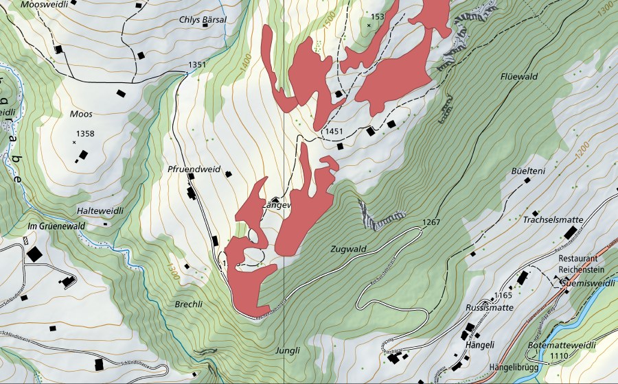 Carte nationale swisstopo avec le périmètre protégé de Schauenegg (Prairie sèche)