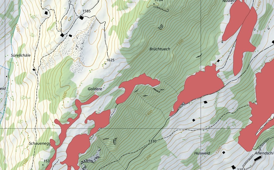 Carte nationale swisstopo avec le périmètre protégé de Schauenegg (Prairie sèche)