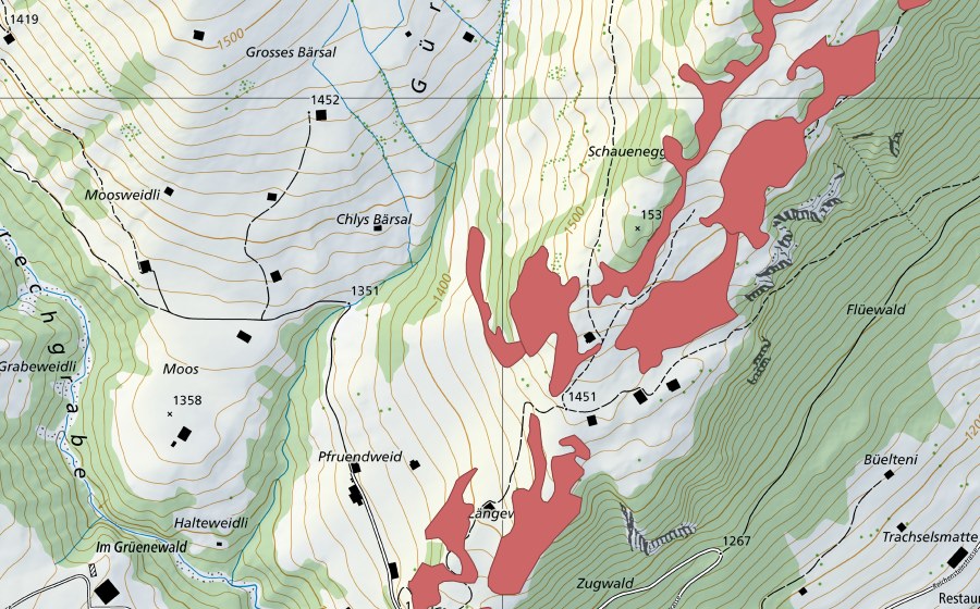 Carte nationale swisstopo avec le périmètre protégé de Schauenegg (Prairie sèche)