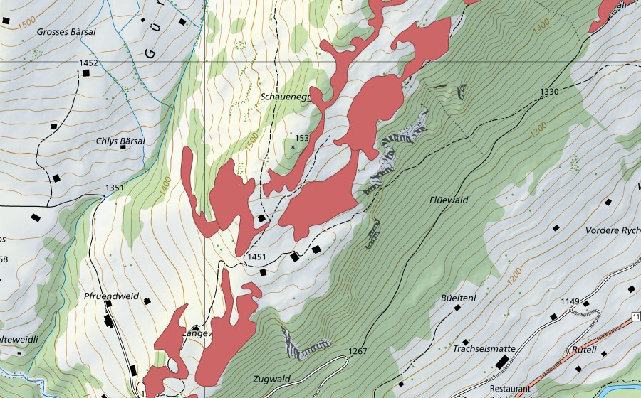 Carte nationale swisstopo avec le périmètre protégé de Schauenegg (Prairie sèche)
