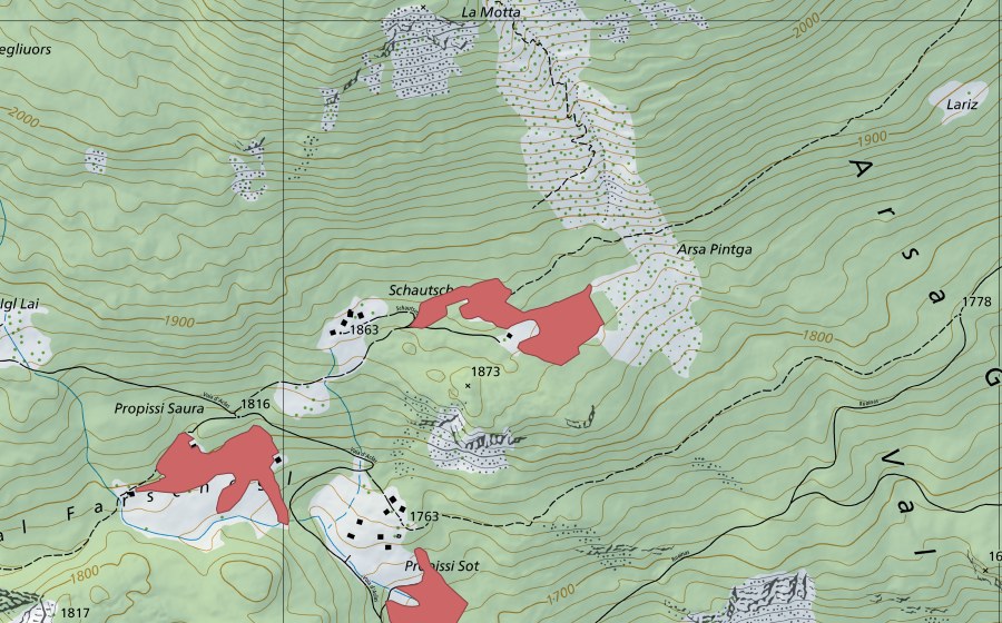 Landeskarte swisstopo mit dem Schutzperimeter von Schautschen (Trockenwiese)