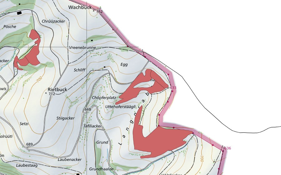 Landeskarte swisstopo mit dem Schutzperimeter von Schenenbüel (Trockenwiese)