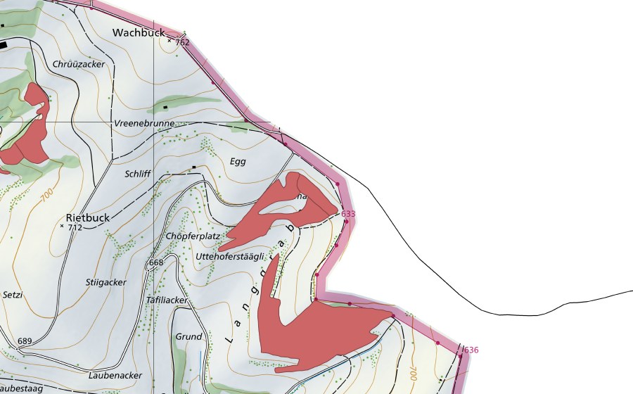 Carte nationale swisstopo avec le périmètre protégé de Schenenbüel (Prairie sèche)
