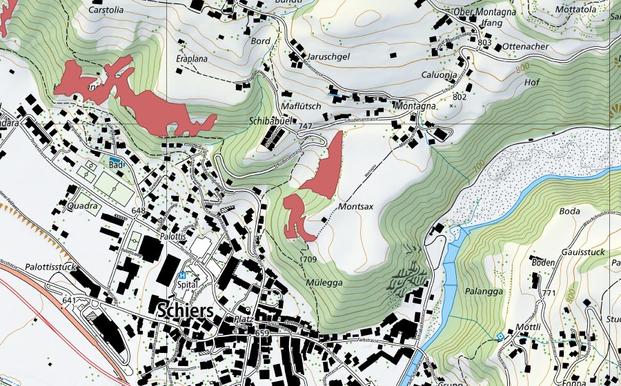 Landeskarte swisstopo mit dem Schutzperimeter von Schibabüel (Trockenwiese)