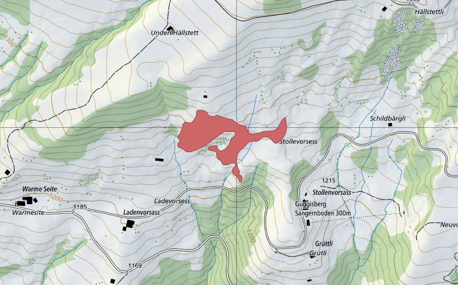 Carte nationale swisstopo avec le périmètre protégé de Schildbergli (Prairie sèche)