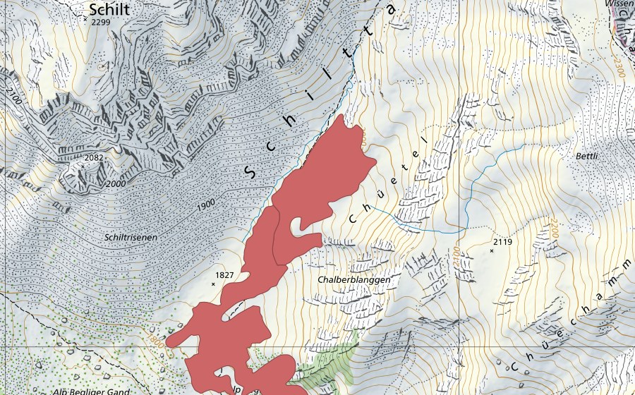 Carte nationale swisstopo avec le périmètre protégé de Schilttal (Prairie sèche)