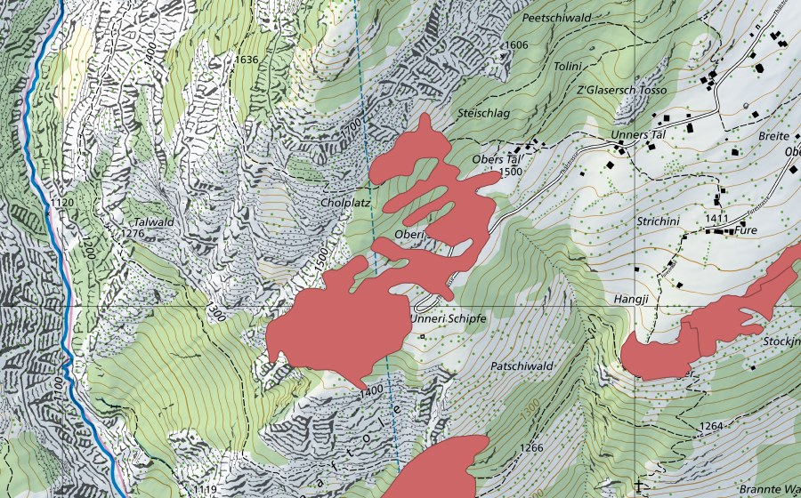 Carte nationale swisstopo avec le périmètre protégé de Schipfe (Prairie sèche)