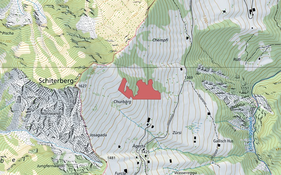 Carte nationale swisstopo avec le périmètre protégé de Schiterberg (Prairie sèche)