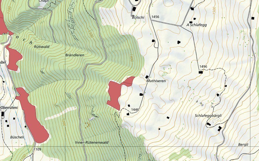 Carte nationale swisstopo avec le périmètre protégé de Schlafeggbergli (Prairie sèche)