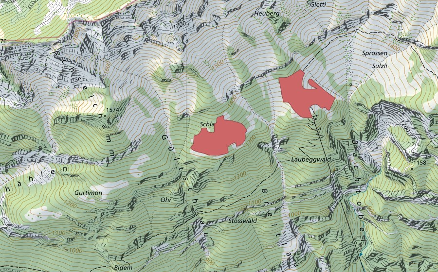 Carte nationale swisstopo avec le périmètre protégé de Schlag (Prairie sèche)