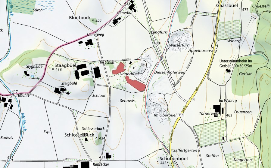 Carte nationale swisstopo avec le périmètre protégé de Schlatt (Prairie sèche)