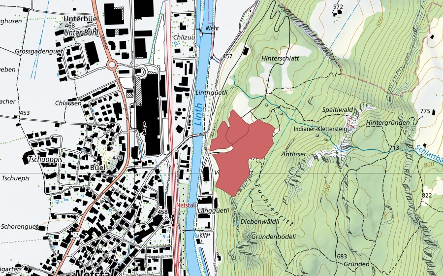 Carte nationale swisstopo avec le périmètre protégé de Schlatt (Prairie sèche)