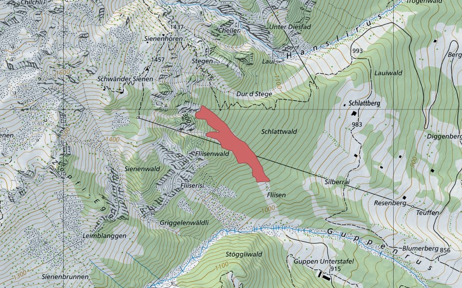swisstopo national map showing the protected perimeter of Schlattbergli (Dry meadow)