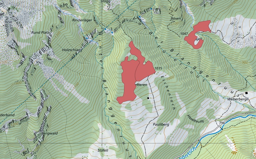 Carte nationale swisstopo avec le périmètre protégé de Schletter (Prairie sèche)