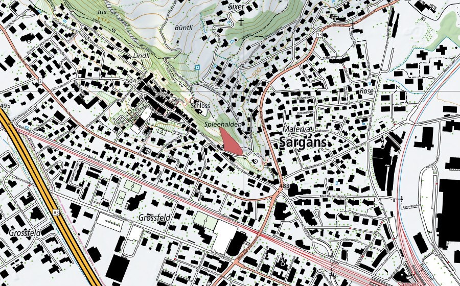 Carte nationale swisstopo avec le périmètre protégé de Schloss (Prairie sèche)