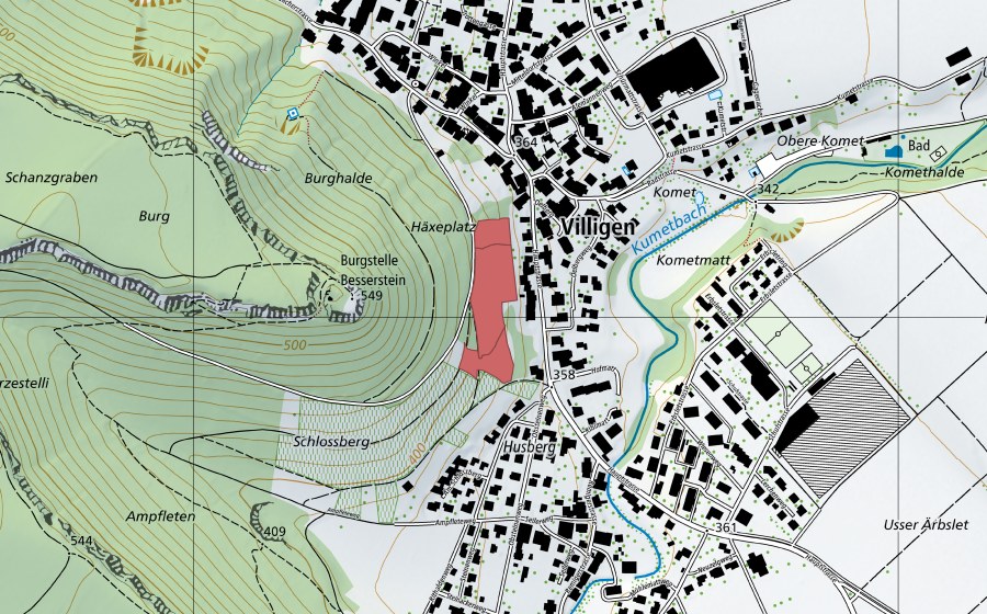 Carte nationale swisstopo avec le périmètre protégé de Schlossberg (Prairie sèche)