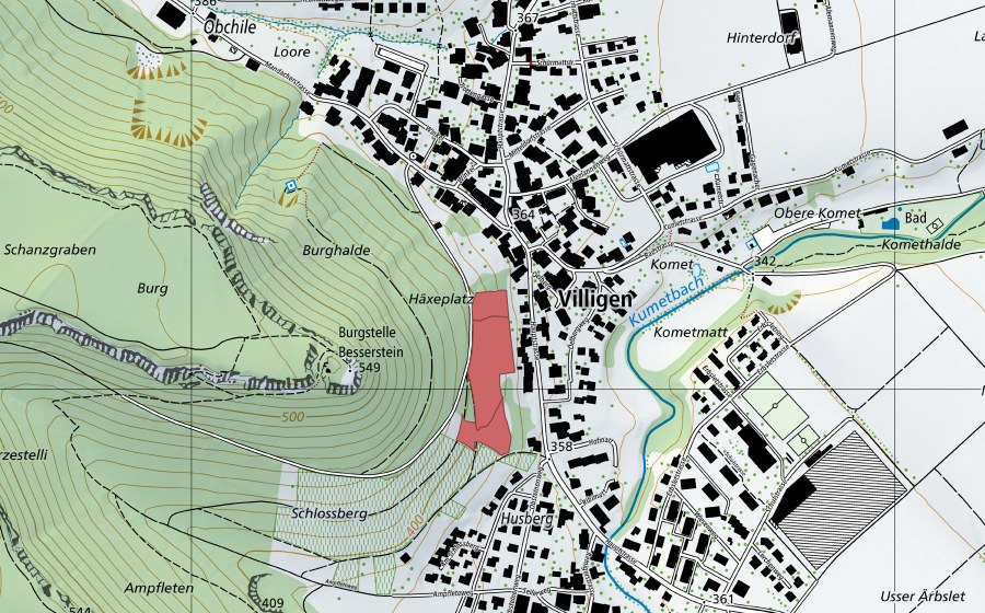 Landeskarte swisstopo mit dem Schutzperimeter von Schlossberg (Trockenwiese)