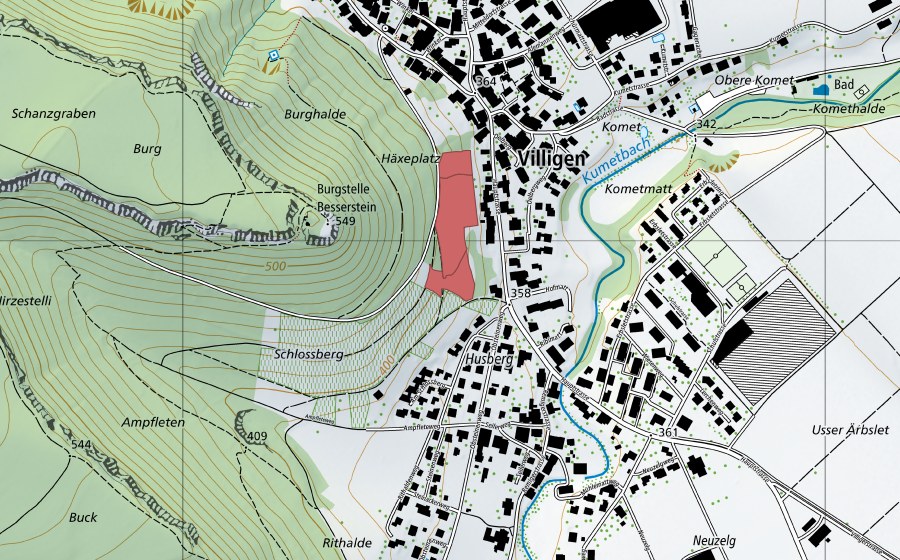 swisstopo national map showing the protected perimeter of Schlossberg (Dry meadow)