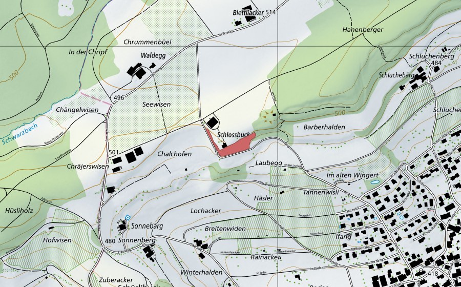 Carte nationale swisstopo avec le périmètre protégé de Schlossbuck (Prairie sèche)