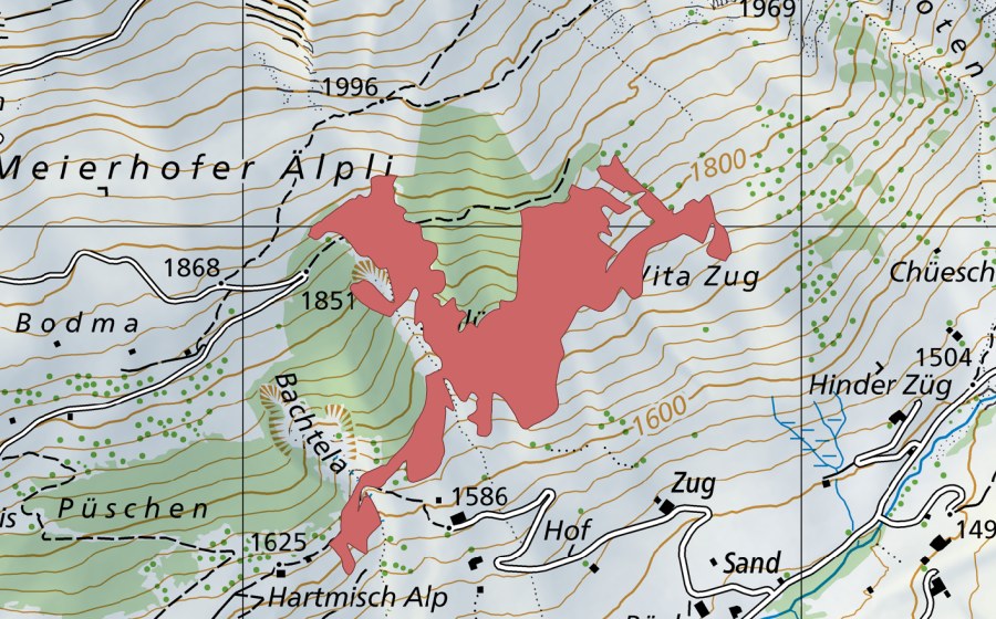 Landeskarte swisstopo mit dem Schutzperimeter von Schlüecht (Trockenwiese)