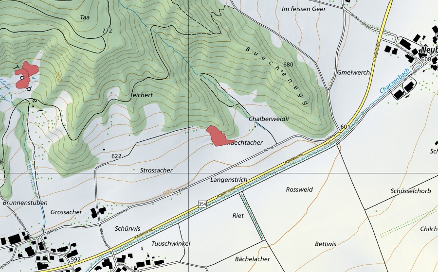Carte nationale swisstopo avec le périmètre protégé de Schluechtächer (Prairie sèche)