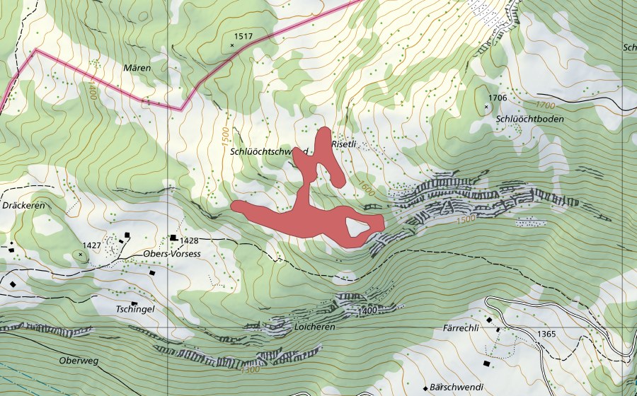 Landeskarte swisstopo mit dem Schutzperimeter von Schluechtschwand (Trockenwiese)