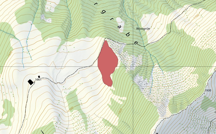 Landeskarte swisstopo mit dem Schutzperimeter von Schlündi (Trockenwiese)