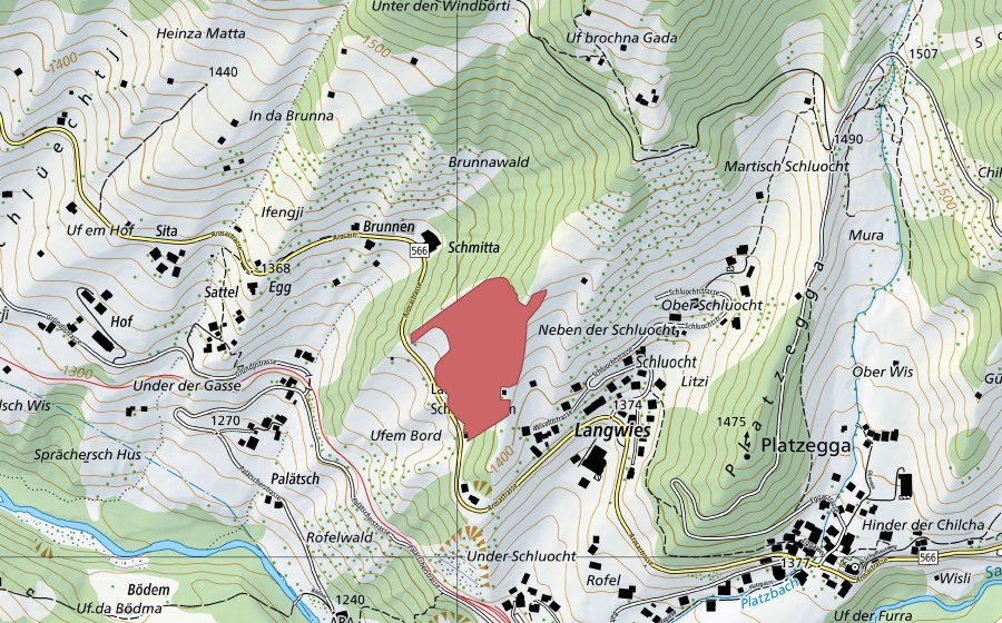 Carte nationale swisstopo avec le périmètre protégé de Schluocht (Prairie sèche)
