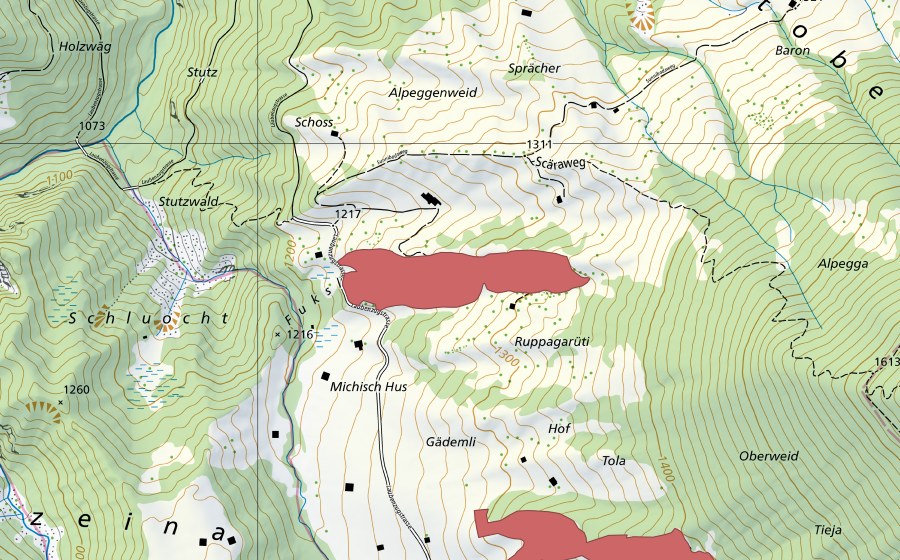 Carte nationale swisstopo avec le périmètre protégé de Schluocht (Prairie sèche)
