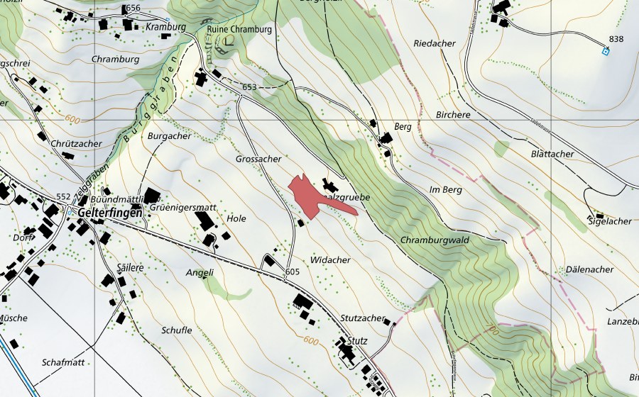 Landeskarte swisstopo mit dem Schutzperimeter von Schmalzgruben (Trockenwiese)