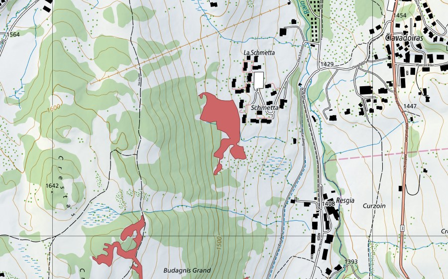 swisstopo national map showing the protected perimeter of Schmetta (Dry meadow)