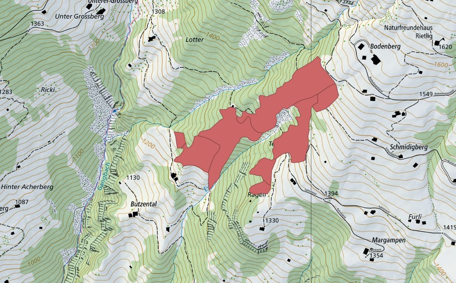 Carte nationale swisstopo avec le périmètre protégé de Schmidigberg (Prairie sèche)