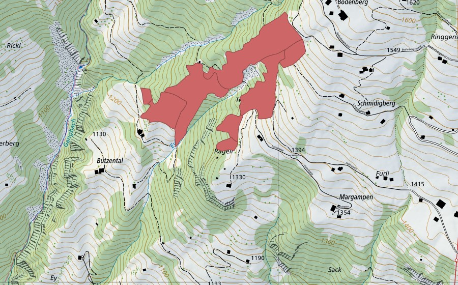 Carte nationale swisstopo avec le périmètre protégé de Schmidigberg (Prairie sèche)