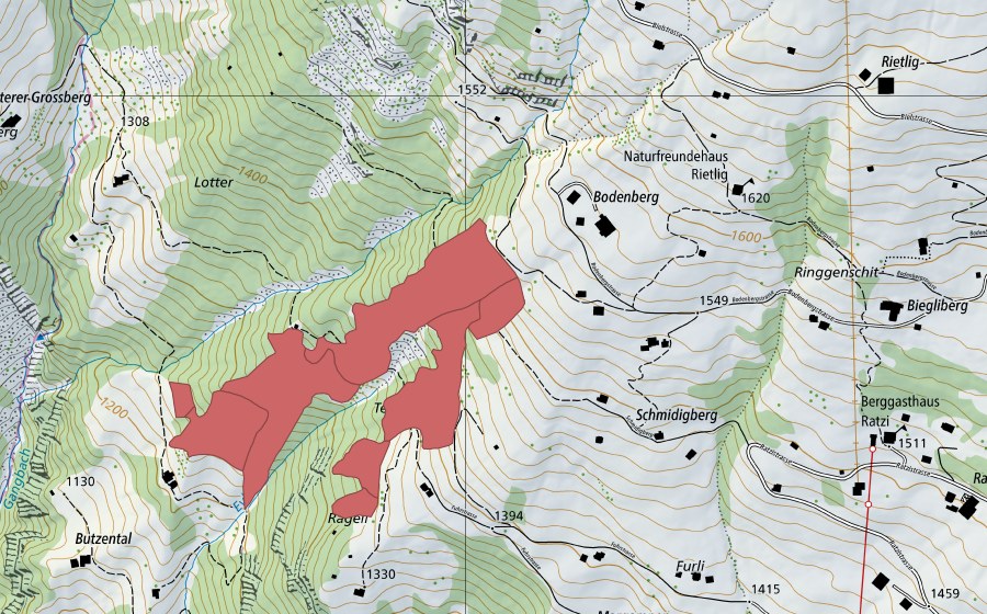 Carte nationale swisstopo avec le périmètre protégé de Schmidigberg (Prairie sèche)