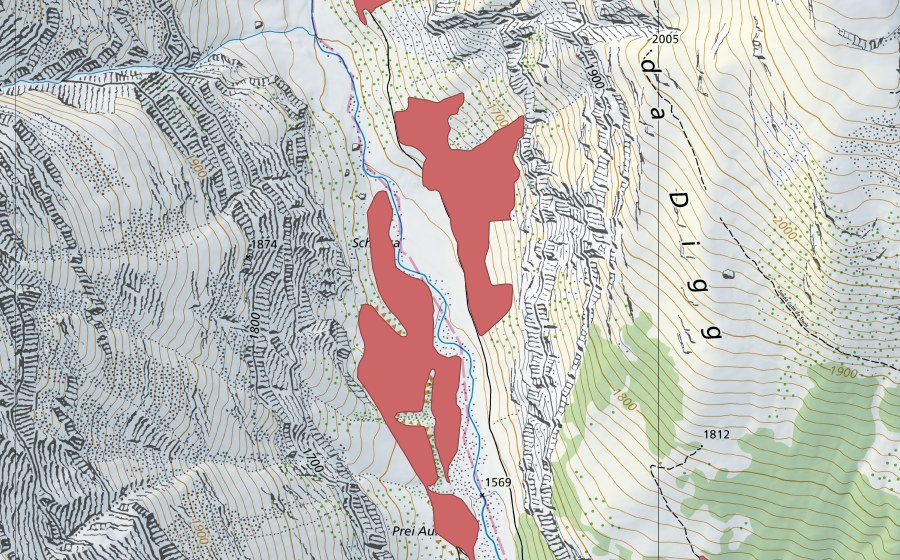 Carte nationale swisstopo avec le périmètre protégé de Schneca (Prairie sèche)