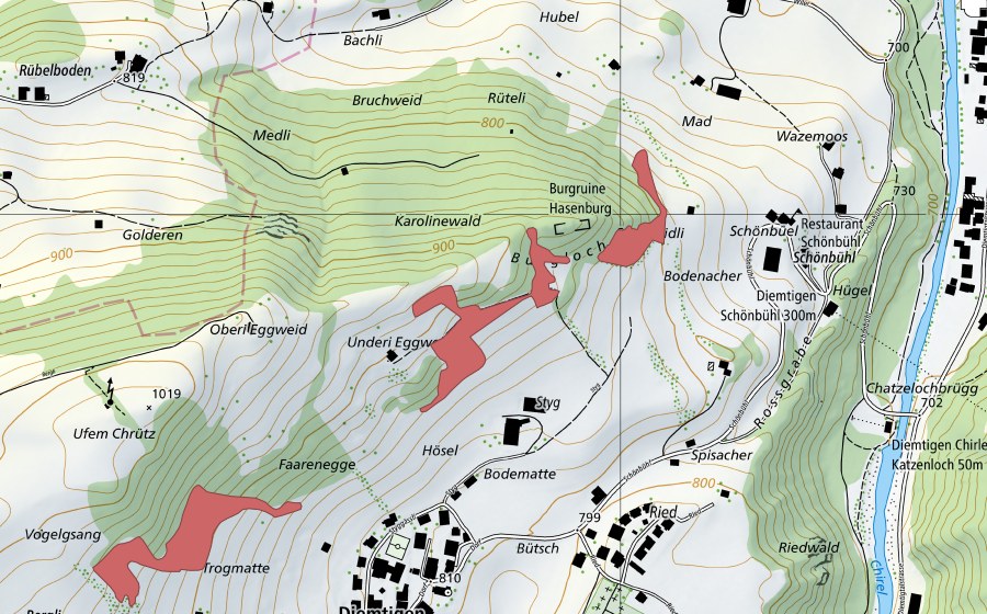 Carte nationale swisstopo avec le périmètre protégé de Schönbüel (Prairie sèche)