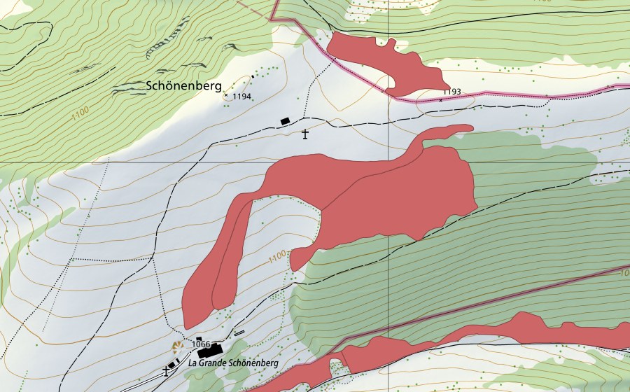 Carte nationale swisstopo avec le périmètre protégé de Schöneberg (Prairie sèche)