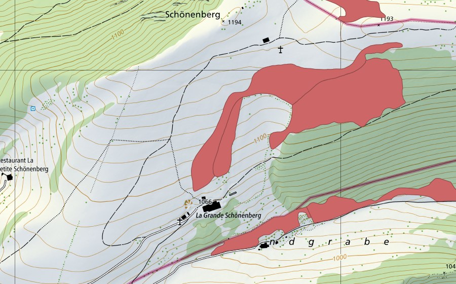 Carte nationale swisstopo avec le périmètre protégé de Schöneberg (Prairie sèche)