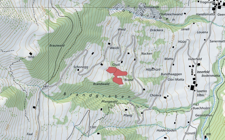 Carte nationale swisstopo avec le périmètre protégé de Schonegg (Prairie sèche)