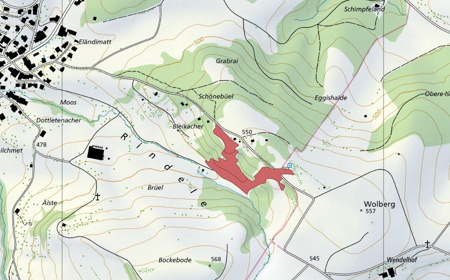 Carte nationale swisstopo avec le périmètre protégé de Schönenbüel (Prairie sèche)