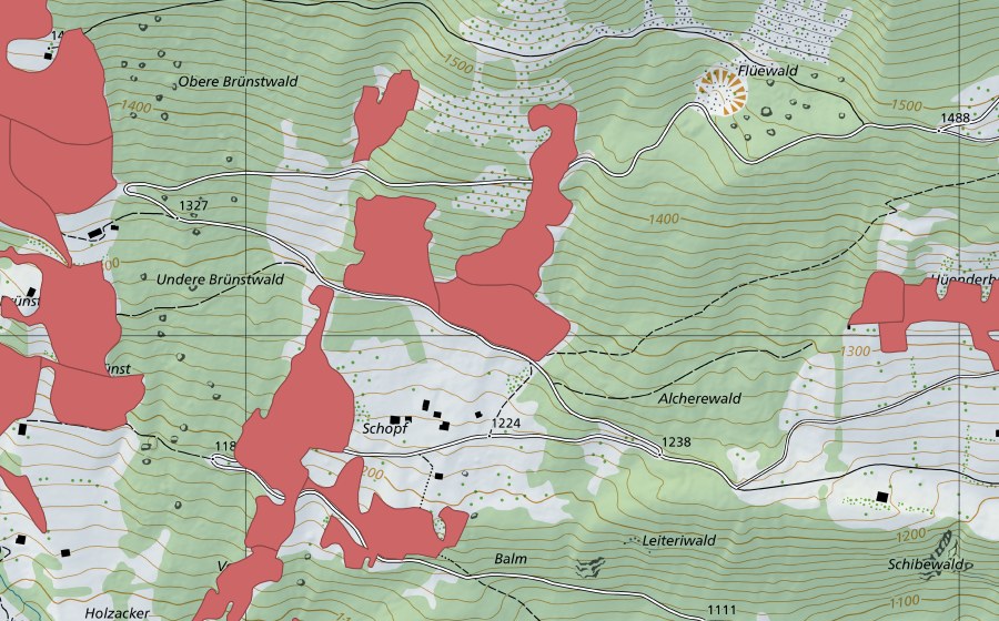 Carte nationale swisstopo avec le périmètre protégé de Schopf (Prairie sèche)