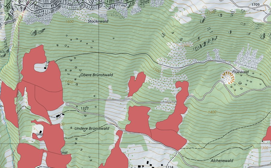 Carte nationale swisstopo avec le périmètre protégé de Schopf (Prairie sèche)