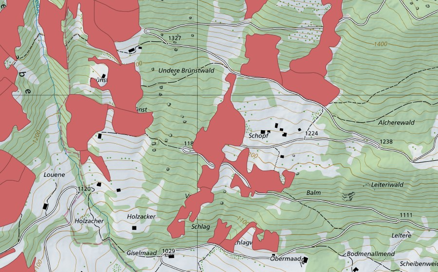 Carte nationale swisstopo avec le périmètre protégé de Schopf (Prairie sèche)