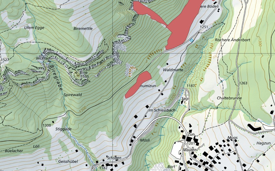 Carte nationale swisstopo avec le périmètre protégé de Schore (Prairie sèche)