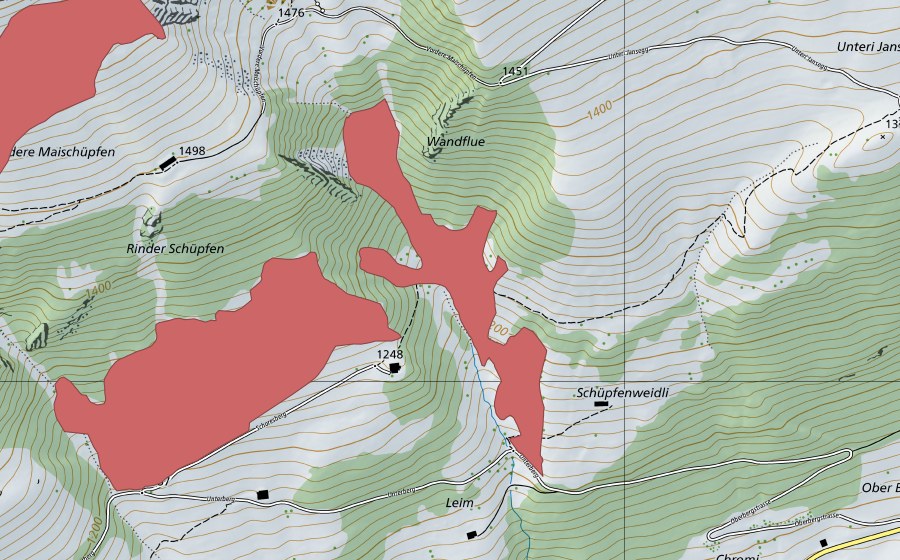 Carte nationale swisstopo avec le périmètre protégé de Schoresberg (Prairie sèche)